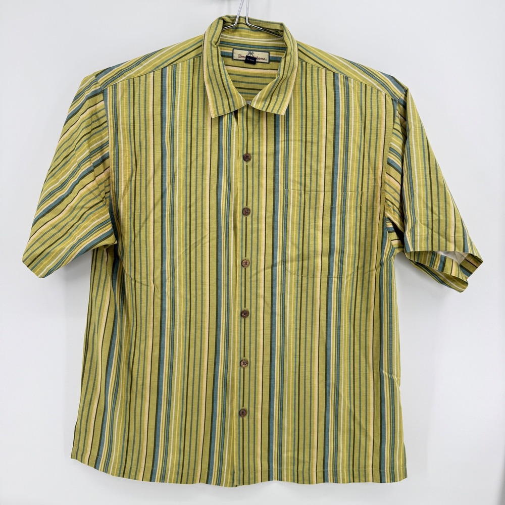 Tommy Bahama Button Front Shirt Mens L Green Striped Silk Short Sleeve Camp